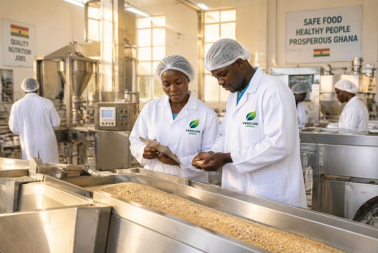 Food technologists inspecting grain on a processing line